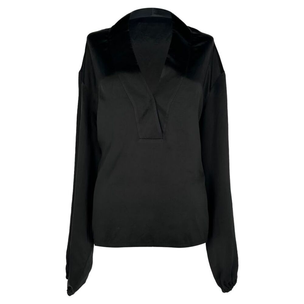 Nili Lotan V-Neck Long Sleeve Blouse in Black Acetate